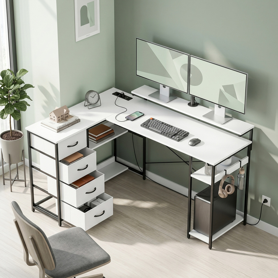 HOMCOM Eckschreibtisch in Weiß, reversibler L-Schreibtisch mit 4 Stoffschubladen, Monitorhalter, 2 Steckdosen und 2 USB-Ports, B/T: 155 x 112 cm - Bild 2