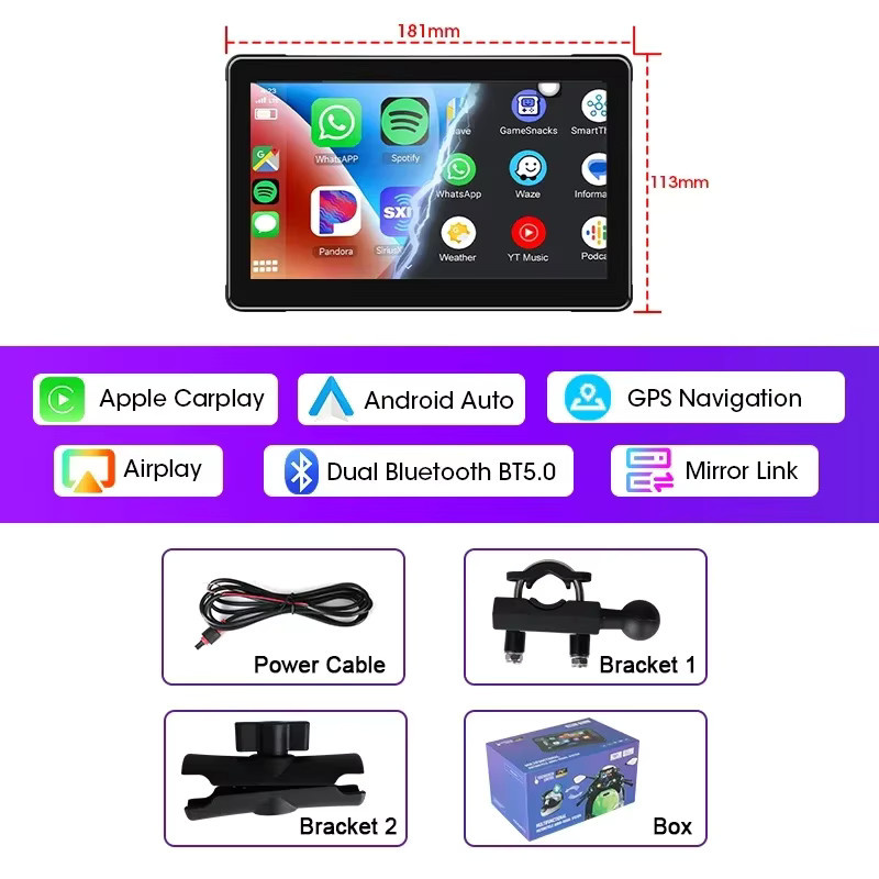 Srnubi 7 Zoll Motorrad DVR mit drahtlosem CarPlay und Android Auto, GPS Navigation und AI Sprachsteuerung, IP67 wasserdicht, Schwarz - Bild 7
