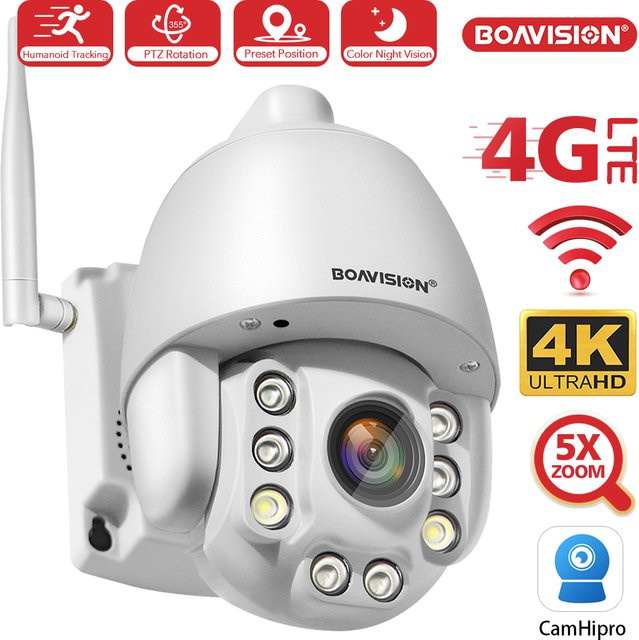 BOAVISION Wifi PTZ IP Kamera mit 8MP Auflösung, 5X Zoom, 4G Verbindung, AI Auto Tracking und Zwei-Wege-Audio in Weiß - Bild 1