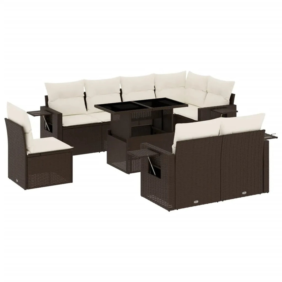 vidaXL 9-tlg. Garten-Sofagarnitur in L-Form aus braunem Poly-Rattan mit cremeweißen Kissen und pulverbeschichtetem Stahlgestell - Bild 2