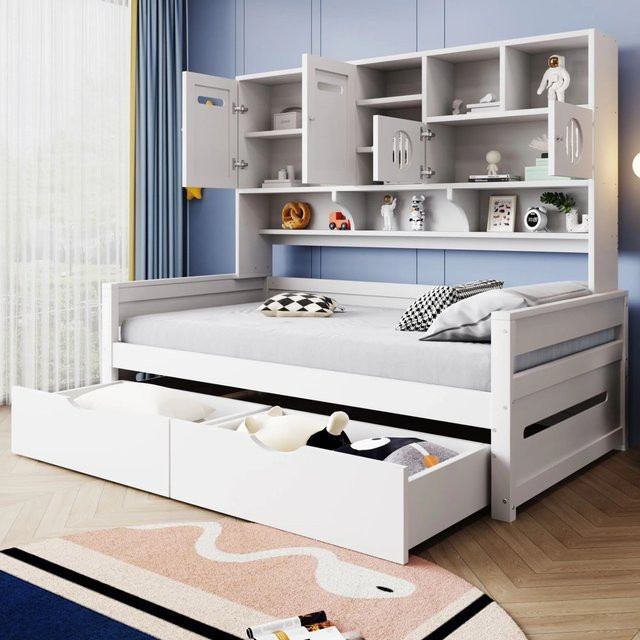 Merax Schlafsofa in Weiß und Grau mit Stauraum-Schublade aus Holz und Stoff, B/T/H: 90 x 200 x 66,8 cm - Bild 1