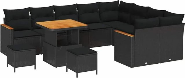 vidaXL Garten-Sofa-Set aus Poly-Rattan und Stahl in Schwarz mit Kissen, 12-teilig - Bild 1