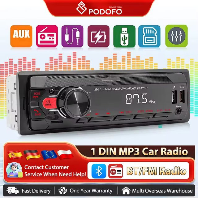 Podofo 1DIN Autoradio MP3 Player mit Bluetooth, USB, SD und AUX-IN in Schwarz mit Sprachassistent und Stereo Receiver - Bild 1