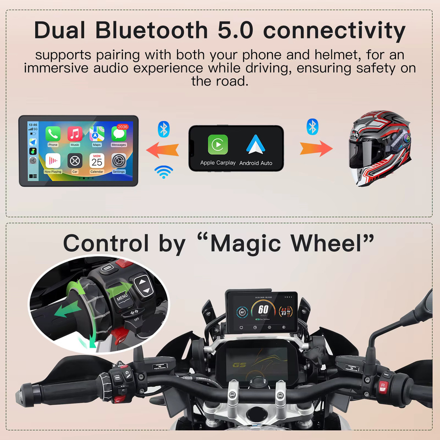 CARABC MB6 Wireless CarPlay und Android Auto Digitales Armaturenbrett Navigationsbildschirm für BMW Motorrad R1200GS R1250GS R1300GS, 6 Zoll, Schwarz - Bild 4