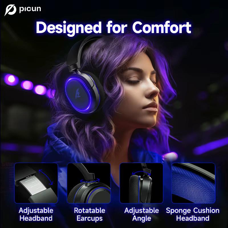 Picun G2 Wireless Gaming Headset mit Bluetooth 5.3 und 2,4G Verbindung, 7.1 Surround Sound, 5ms geringer Latenz und ENC-Mikrofon für PC, PS4 und PS5 - Bild 2