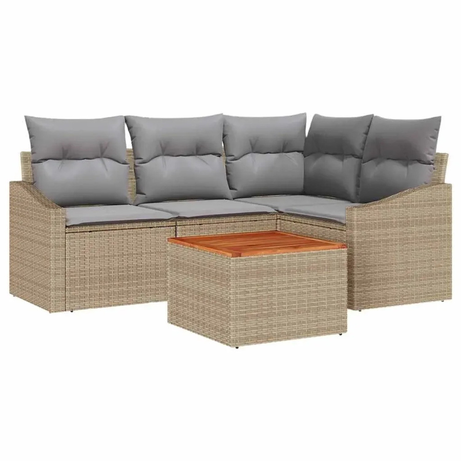 vidaXL Garten-Sofa-Set 5-tlg. in L-Form mit Kissen und Couchtisch, Beige/Grau, Poly-Rattan mit Metallgestell - Bild 2