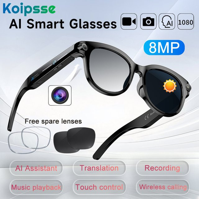 Koipsse Intelligente Kamera-Übersetzungsbrille in Schwarz mit 8-Megapixel-Auflösung, Besprechungsaufzeichnung und Musikwiedergabe - Bild 1