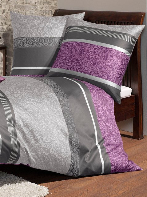 Bierbaum Bettwäsche Streifen Unisex aus 100% Baumwolle, Farbe: Multicolour/Lila, B/H: 135 x 200 cm, Kissen: 80 x 80 cm, mit Reißverschluss - Bild 1