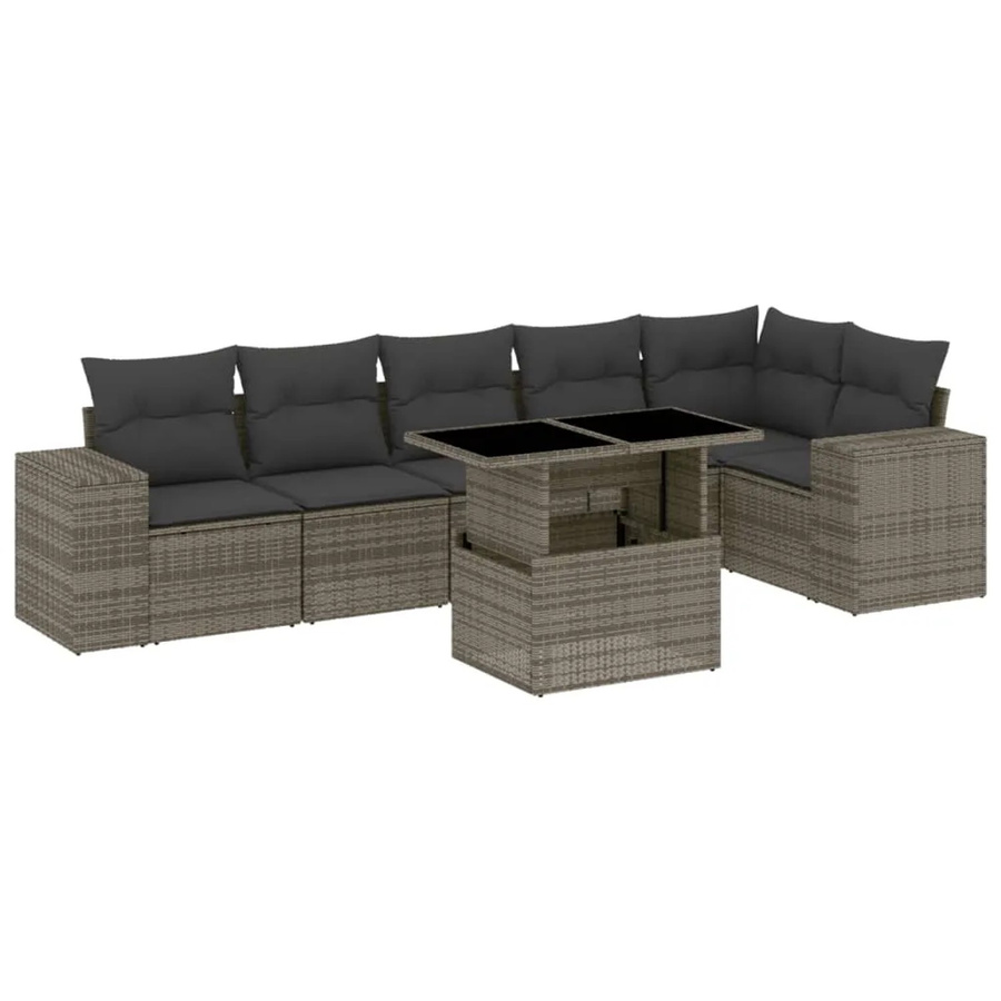 vidaXL 7-tlg Garten-Sofagarnitur in L-Form aus grauem Poly-Rattan mit Kissen und pulverbeschichtetem Stahlgestell - Bild 2