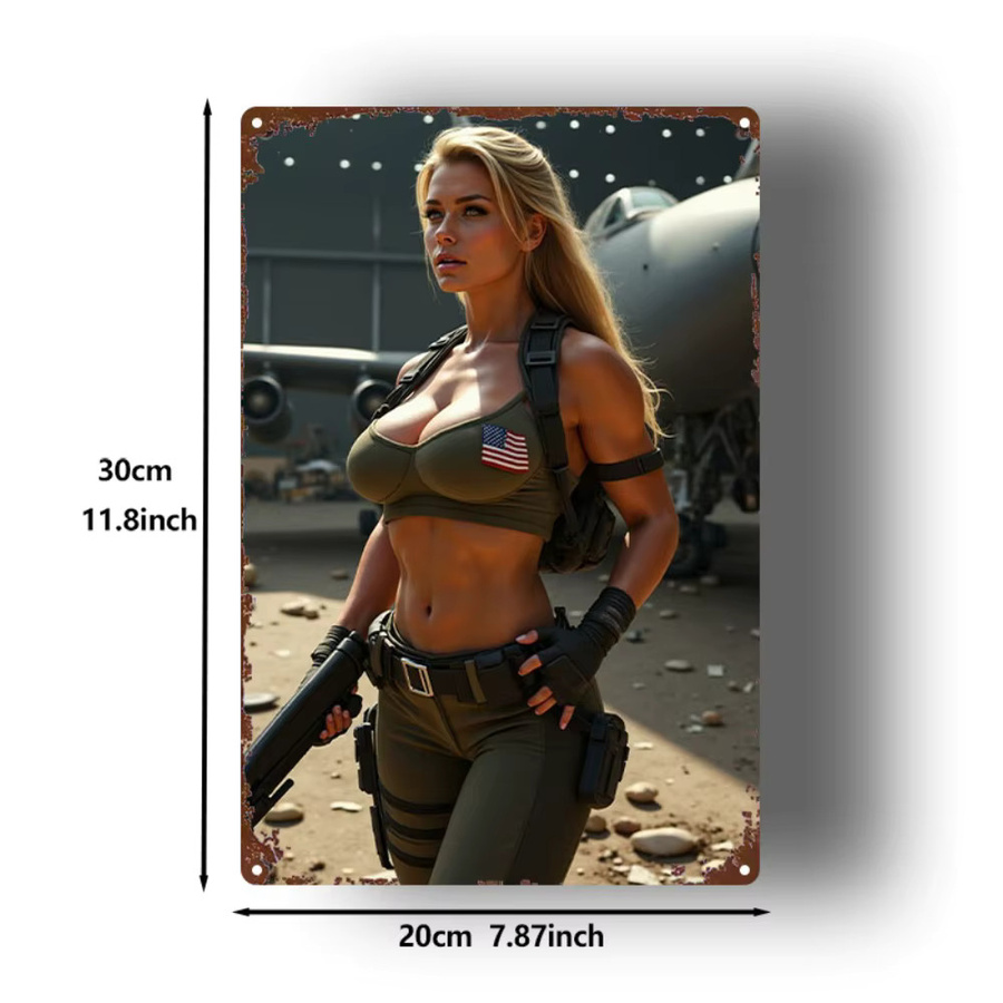HELLOYOUNG Vintage-Militär-Metallschild mit Flugzeug-Pinup-Girl als Wanddekoration, Mehrfarbig, Breite: 30,48 cm, Höhe: 20,32 cm - Bild 2