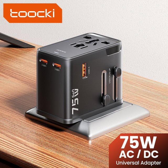 Toocki GaN 75 W Universal-Reiseadapter mit 1 AC-Steckdose, 1 USB-A und 2 USB-C Anschlüssen, PD 45 W Schnellladegerät für EU, US, UK, AUS, Schwarz - Bild 1