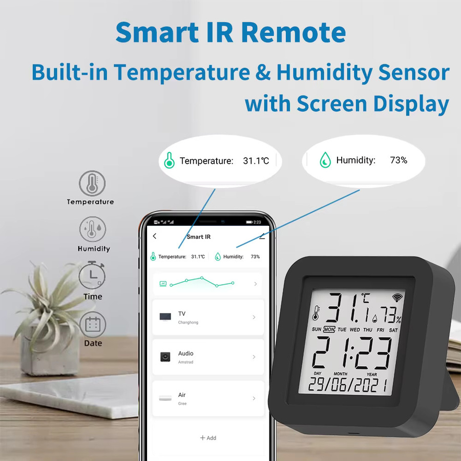 MinisterWorks S09 Smart WiFi IR-Fernbedienung mit integriertem Temperatur- und Feuchtigkeitssensor in Schwarz, kompatibel mit Google Home, Alexa, Yandex und Tuya SmartLife - Bild 4