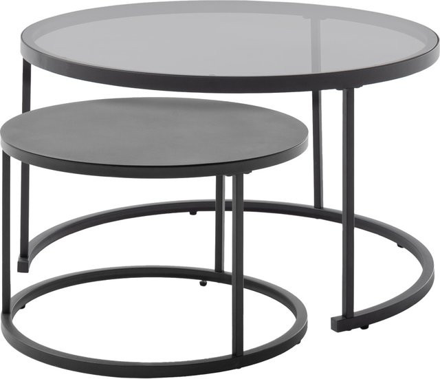 Couchtisch 2er Set CHESTER in Schwarz und Grau mit runden Glasplatten und Metallgestell im ländlichen Design - Bild 1