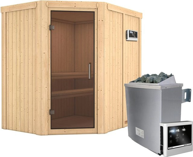 Karibu Sauna CARIN in Graphit mit 9,0 kW Ofen, Steuergerät und Ganzglastür - Bild 1