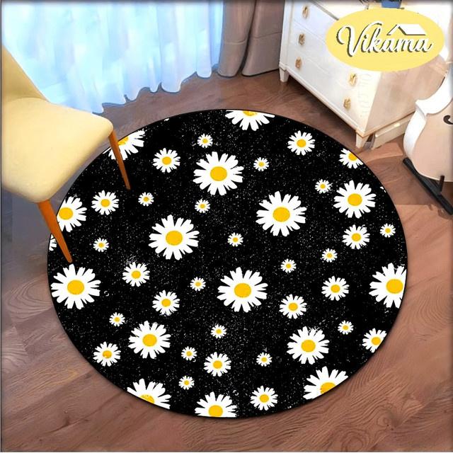 VIKAMA Runder Teppich Fresh Daisy in Schwarz, waschbare Bodenmatte mit floralem Design für Schlafzimmer, Büro und Eingangsbereich, Durchmesser: 80 cm - Bild 1