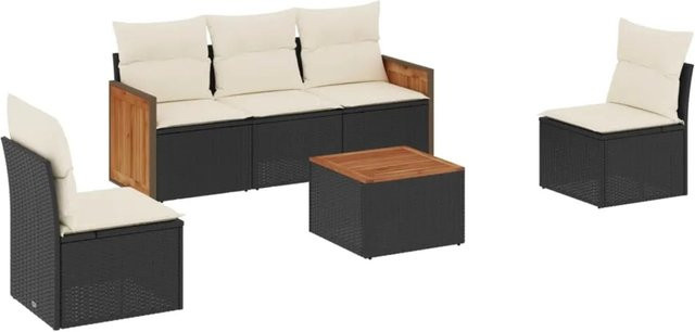 vidaXL 6-teilige Garten-Sofagarnitur aus Polyrattan in Schwarz mit cremeweißen Kissen und Gartentisch - Bild 1