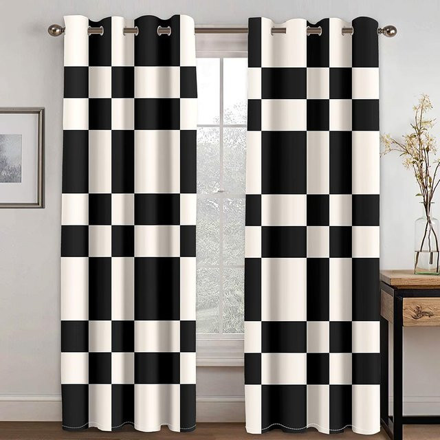 A Family Of Home Textiles Vorhänge mit abstraktem geometrischem 3D-Print, semi-transparent, schwarz, 2er-Set, Breite: 110 cm, Höhe: 214 cm - Bild 1