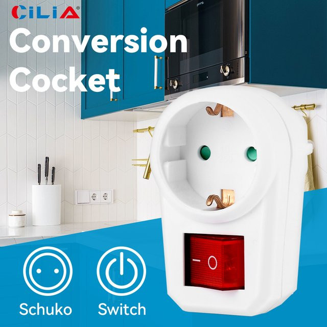 CILIA Euro-Wandsteckdose mit Schalter, Wechselrichter-Stecker-Adapter in Weiß, 16 A, 3500 W - Bild 1