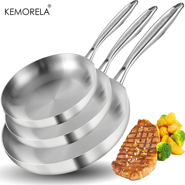 KEMORELA Edelstahl Wok Pfanne Set, 5-lagige Antihaft-Pfannen aus 304 Edelstahl, Silber - Bild 1