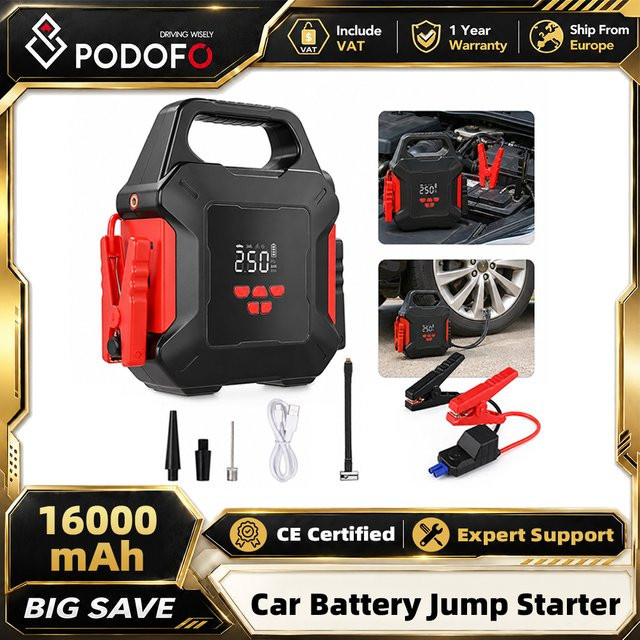 Podofo J28 Auto-Starthilfe mit 16000mAh und integriertem Luftkompressor, Tragbarer Fahrzeugbatterie-Booster in Schwarz - Bild 1