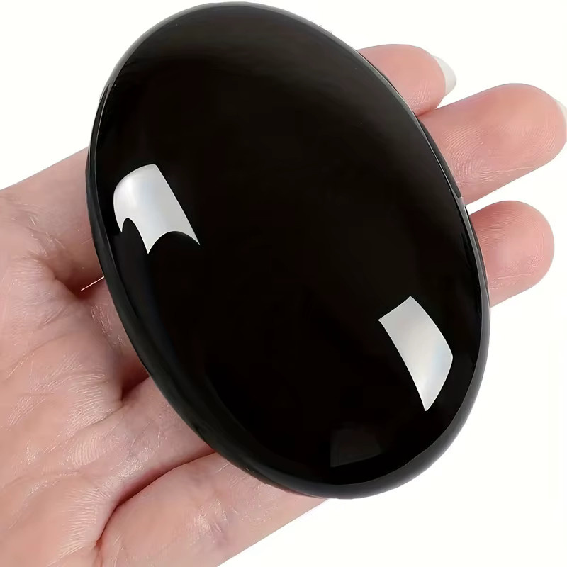 Polierter Obsidiankristall in Schwarz als ovaler Palmenstein für Yoga und Meditation - Bild 2
