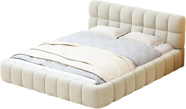 PXloue Polsterbett Flachbett mit weicher Rückenlehne aus Leinenstoff in Beige, B: 140 cm, T: 200 cm - Bild 1