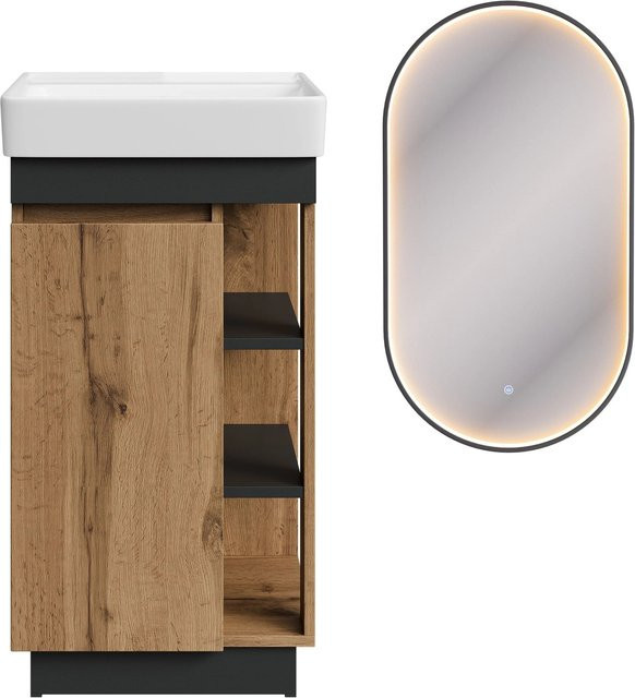 Planetmöbel Badmöbel Set NYX mit Waschbecken und LED Spiegel GLORA, Wotan Eiche Anthrazit, Breite: 50,4 cm, Tiefe: 42,0 cm, Höhe: 85,9 cm - Bild 1