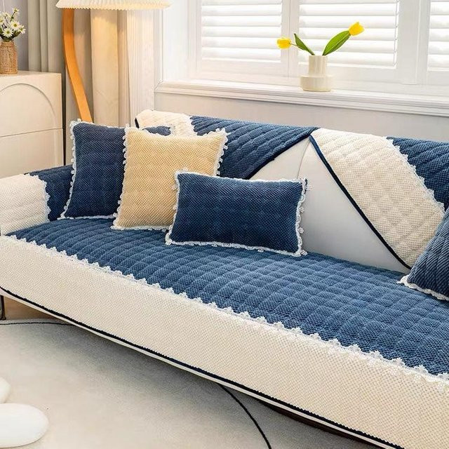 Rutschfester Cord-Sofabezug in Blau, quadratisches Couchkissen für dein Wohnzimmer, B/T/H: 70 x 70 x 70 cm - Bild 1
