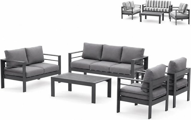 MeXo Gartenmöbel Set für 7 Personen aus Aluminium und WPC in Grau mit grau gestreiften Ersatzkissenbezügen - Bild 1