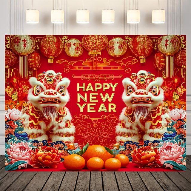 VIKAMA Wandteppich Chinesisches Neujahr mit Doppellöwen, Spielkugel und Pfingstrosen in Rot zur Dekoration für dein Wohnzimmer - Bild 1