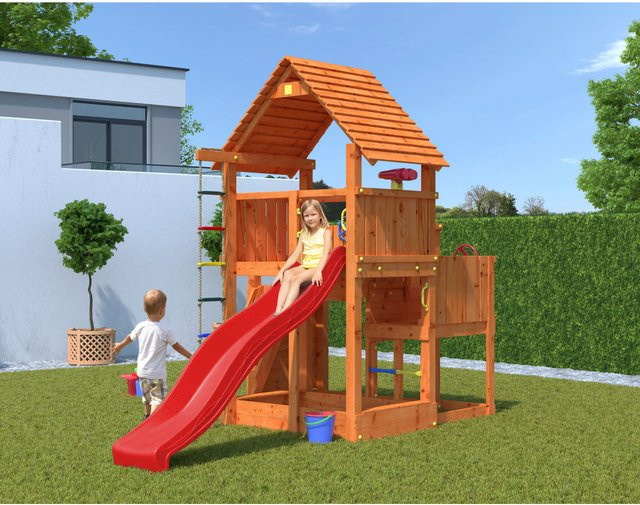 Fungoo Spielturm Big Leader Klettergerüst aus Teak mit Rutsche, Leiter, Kletterwand, Holzdach, Kletterseil und Sandkasten - Bild 1