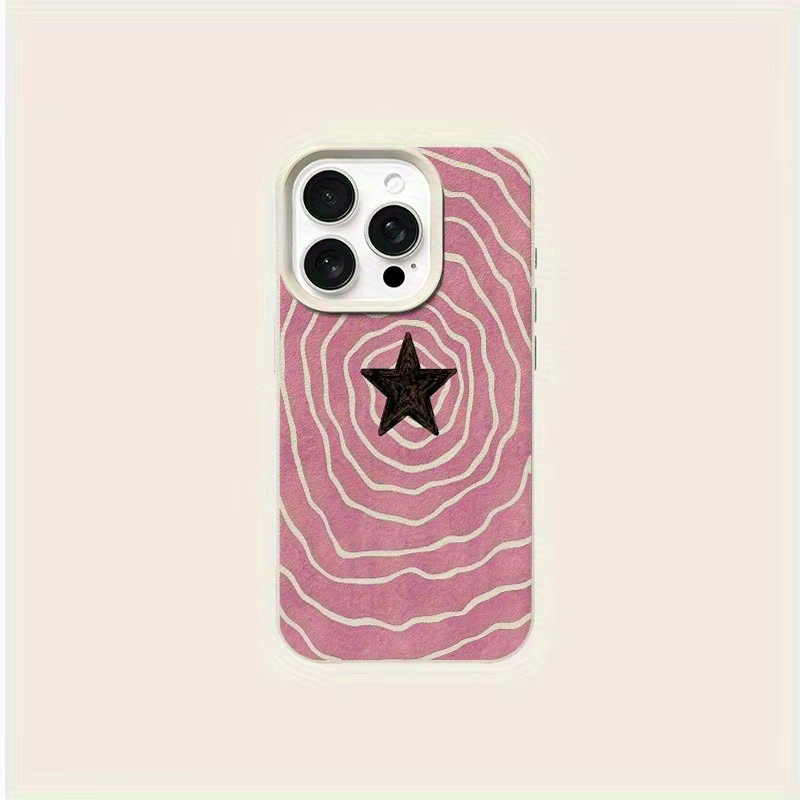 Apple Handyhülle mit Litschi-Struktur und Sternenmuster in Pink und Beige für iPhone 17, 16, 15 Pro Max Plus Series - Bild 4