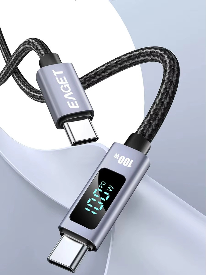 EAGET USB-C-auf-USB-C-Kabel mit digitaler Anzeige, 100W Leistung, E-Mark-Chip und 480 Mbit/s Datensynchronisation, Schwarz - Bild 5