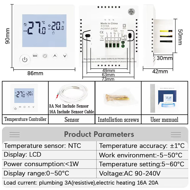 EARU Digitaler Thermostat Temperaturregler für Wasser-Gas-Boiler und elektrische Fußbodenheizung, Weiß - Bild 2