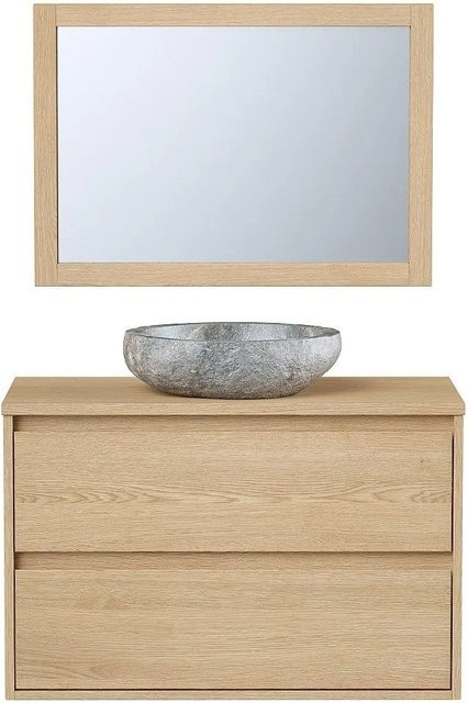 Milipam Einzelwaschtisch in Naturfarben Hell Beige mit Eichefurnier und Stein-Optik, Breite: 80 cm - Bild 1