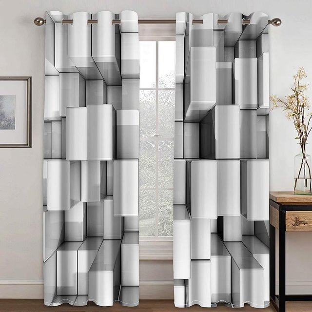 A Family Of Home Textiles Semi-transparente Vorhänge mit abstraktem geometrischem 3D-Print in Grau, 2er-Set, Breite: 250 cm, Höhe: 250 cm - Bild 1