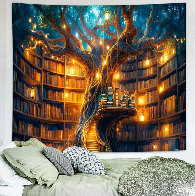 VIKAMA Fantasy Treehouse Library Wandteppich, Mehrfarbig, B: 60 cm, H: 60 cm - Bild 1