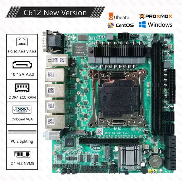 SZJN C612 Motherboard für AIO NAS Router und Server mit 6x 2,5 GbE I226, 10x SATA, 2x M.2 NVMe Unterstützung, RAID und ECC RAM Support in Grün - Bild 1