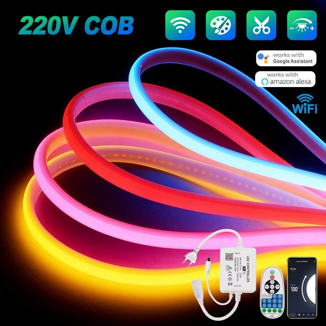 HEGEHE Wasserdichter COB LED-Neonlicht Streifen mit WLAN und Amazon Alexa Kompatibilität, Dimmbar, RGB, AC 220V, Silikon - Bild 1