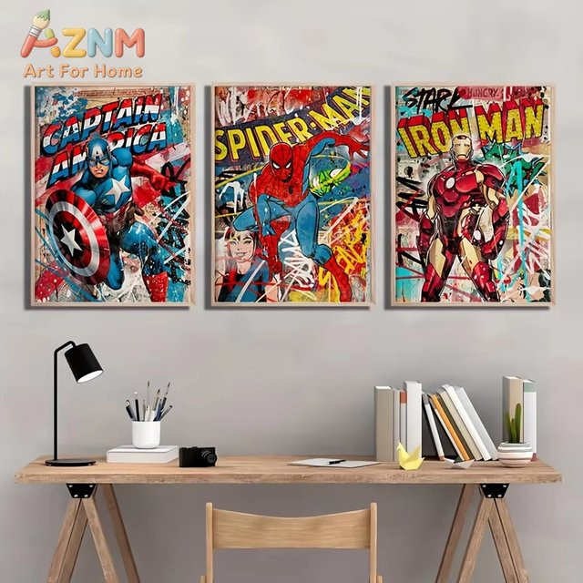 3er Set Marvel Avengers Leinwandgemälde mit Spiderman, Iron Man und Captain America als moderne Wandkunst für dein Wohnzimmer in Mehrfarbig - Bild 1