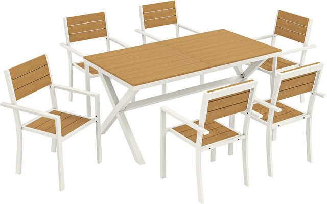 Outsunny Gartenmöbel Set 7-teilig in Teak-Holzoptik mit Tisch und 6 stapelbaren Stühlen, braun, Aluminiumrahmen und Lamellsitz - Bild 1