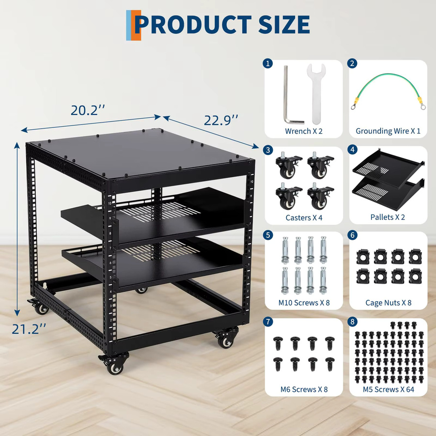 HiMISS 10U Open-Frame-Serverrack in Schwarz, tiefenverstellbar, für 23 Zoll bis 40 Zoll, freistehend oder zur Wandmontage mit 4 feststellbaren Rollen, 2er-Set - Bild 2