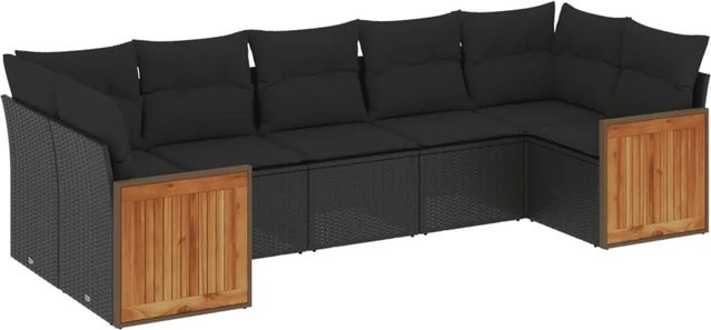 vidaXL 7-teilige Garten-Sofagarnitur in L-Form aus schwarzem Poly-Rattan mit Kissen und Akazienholz - Bild 1