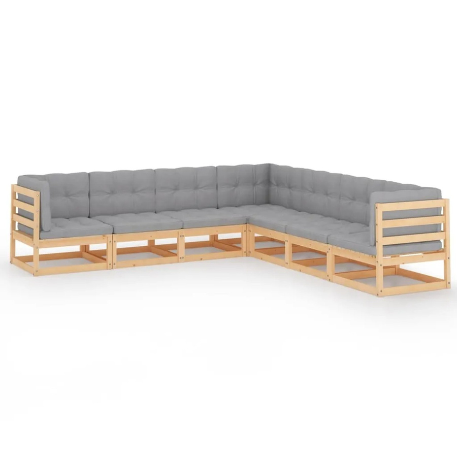 vidaXL 7-tlg Garten-Lounge-Set aus massivem Kiefernholz in L-Form mit grauen Polsterkissen - Bild 2