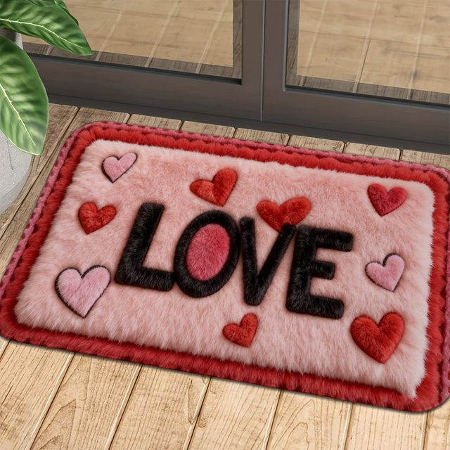 VIKAMA LOVE Plüsch-Teppich mit 3D-Druck, rutschfest und schmutzabweisend, Farbe: Pink, B/T: 60 x 40 cm - Bild 1