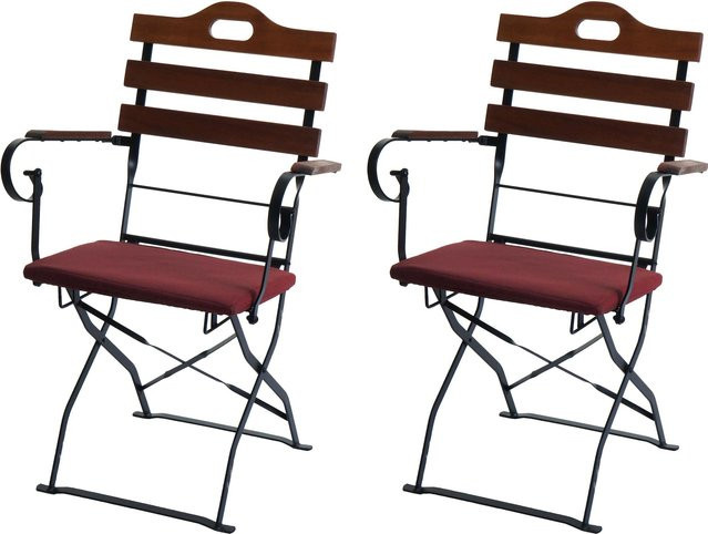 2er-Set MCW Biergartenstühle J40 aus Akazie mit roten Polstern, Braun - Bild 1