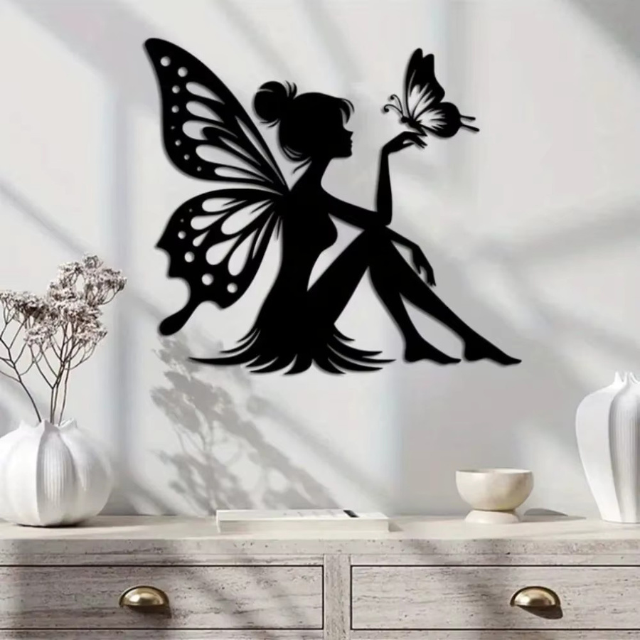 CIFBUY Moderne Metall-Wandkunst Fairy und Schmetterlinge in Schwarz, lasergeschnittene Dekoration für Innenbereich und Außenbereich, B/H: 40 x 40 cm - Bild 5