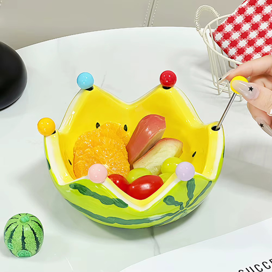 Aihogard Keramik Obstschale in Wassermelonenform mit Gabeln, gelb und mehrfarbig, ideal als Schüssel für Obst, Dessert oder Salat - Bild 1