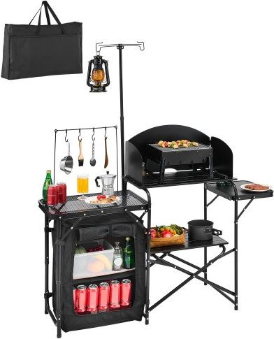 VEVOR Camping Küchentisch aus Aluminium mit Lagerschrank und Windschutzscheibe, Schwarz - Bild 1