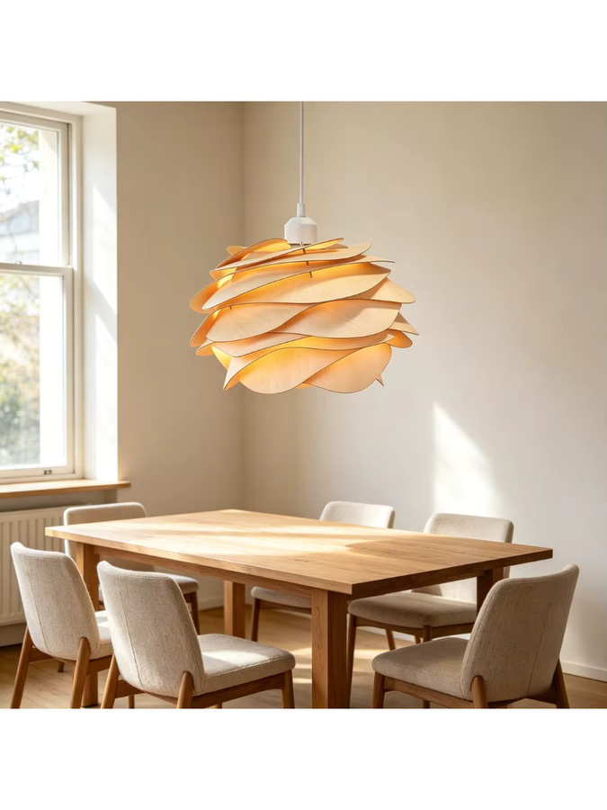 JOYINLED Handgefertigter Kronleuchter im Wabi-Sabi Stil aus Holzfurnier, Nordische Pendelleuchte in Weiß, Durchmesser: 30 cm - Bild 5